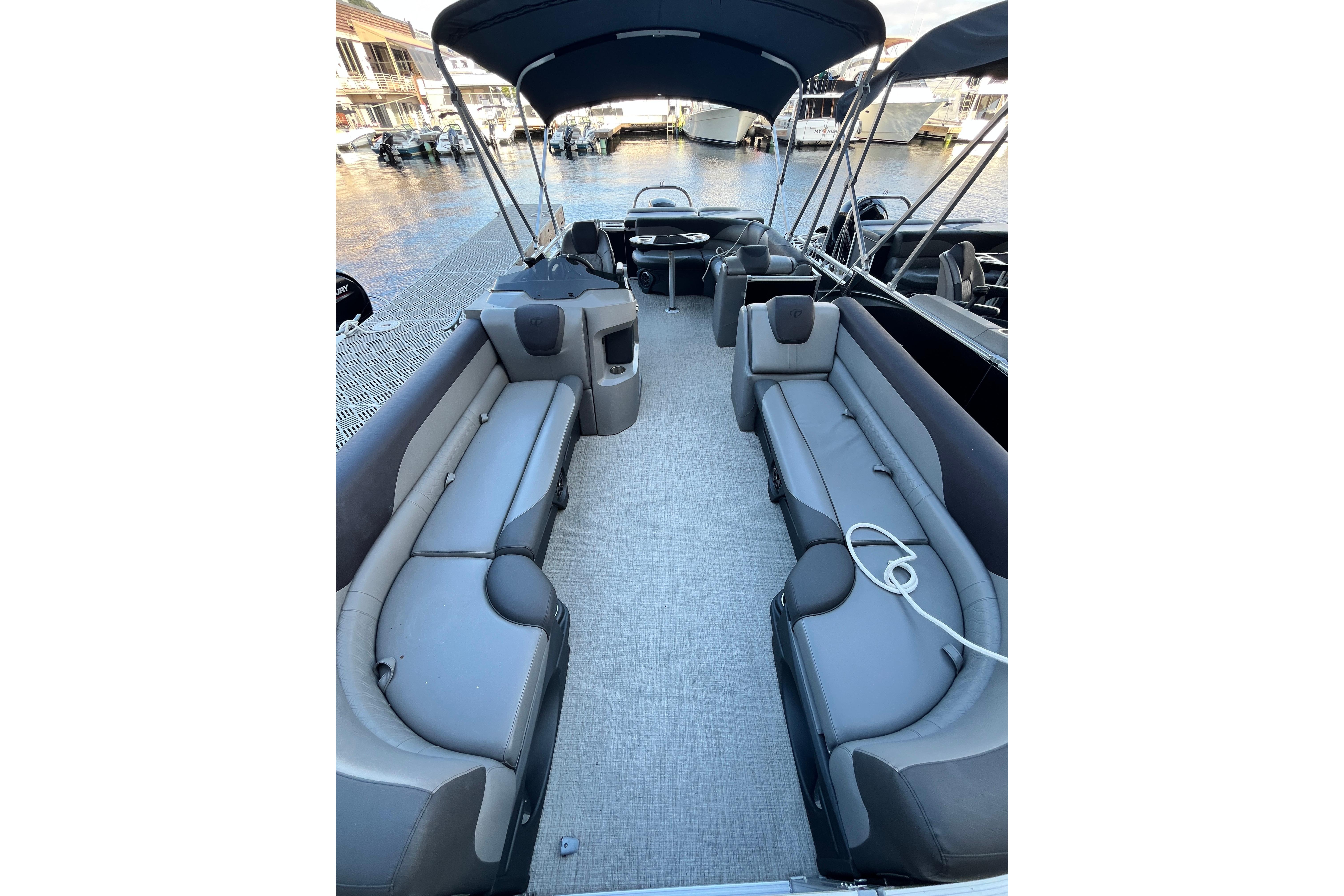 2023 Tahoe Pontoon LTZ Cruise interior with spacious seating and modern design.