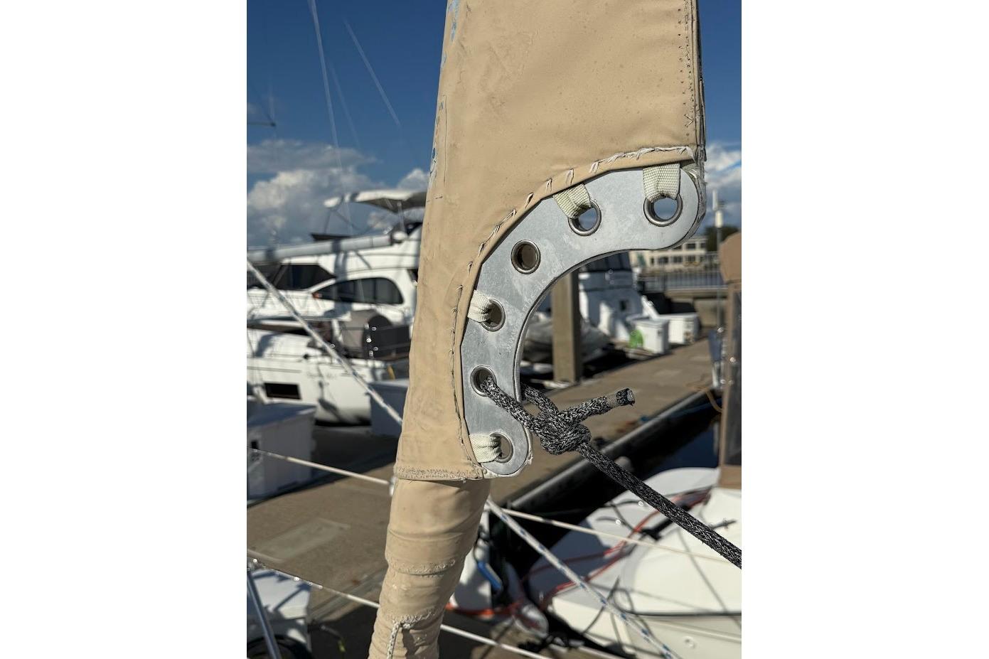 Close-up of a sailboat rigging detail, Reliance 44, 2011 model, at a marina.