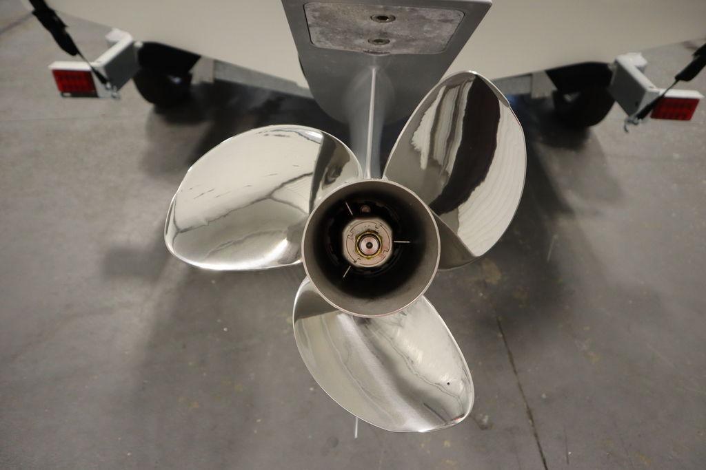 Propeller of 2026 Bayliner Trophy T20CC boat, close-up view.