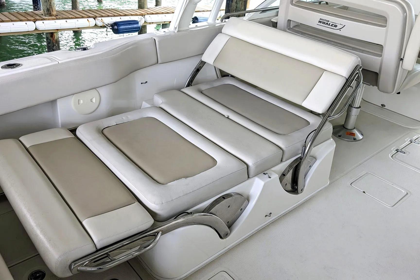 2017 Boston Whaler 320 Vantage boat interior with adjustable seating and sleek design.