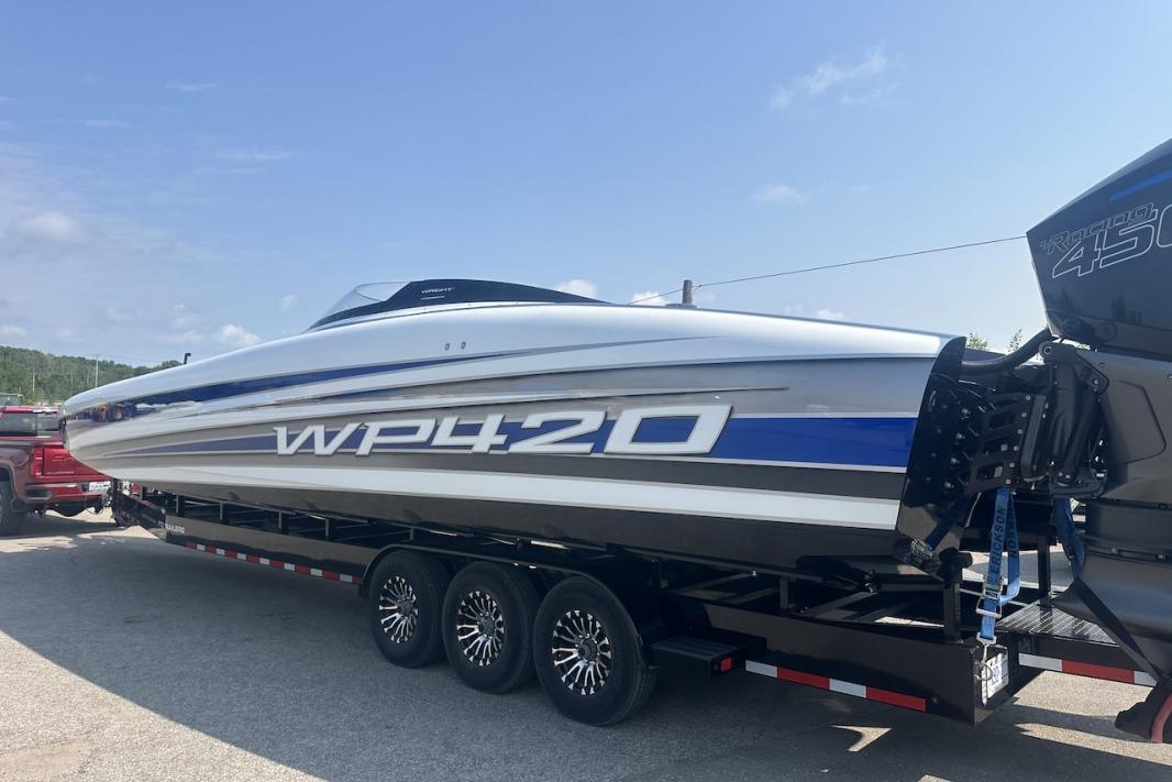 2018 Wright Performance 420 boat on trailer, featuring sleek design and powerful engine.