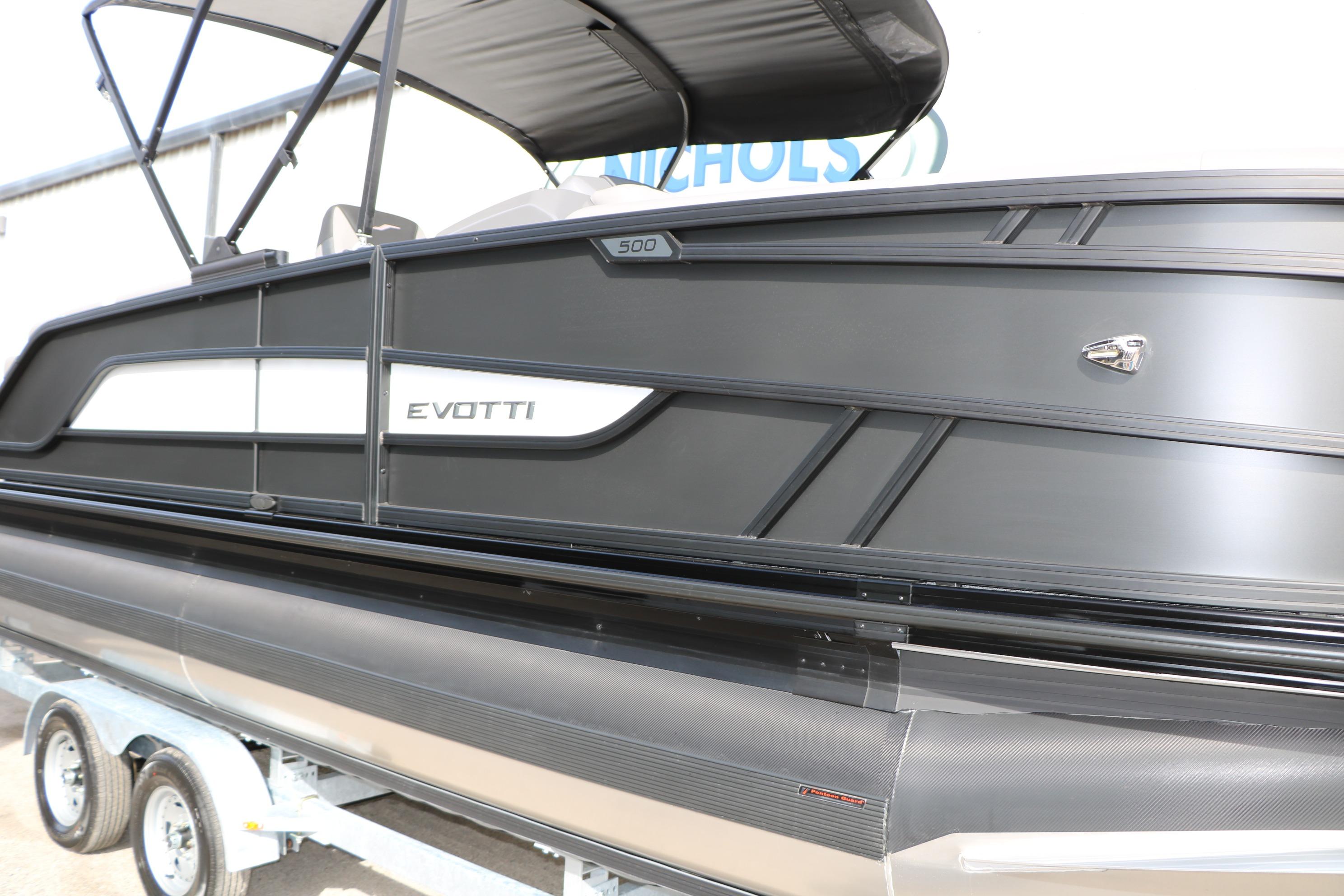 2026 Evotti 521QL pontoon boat, sleek black design on trailer.