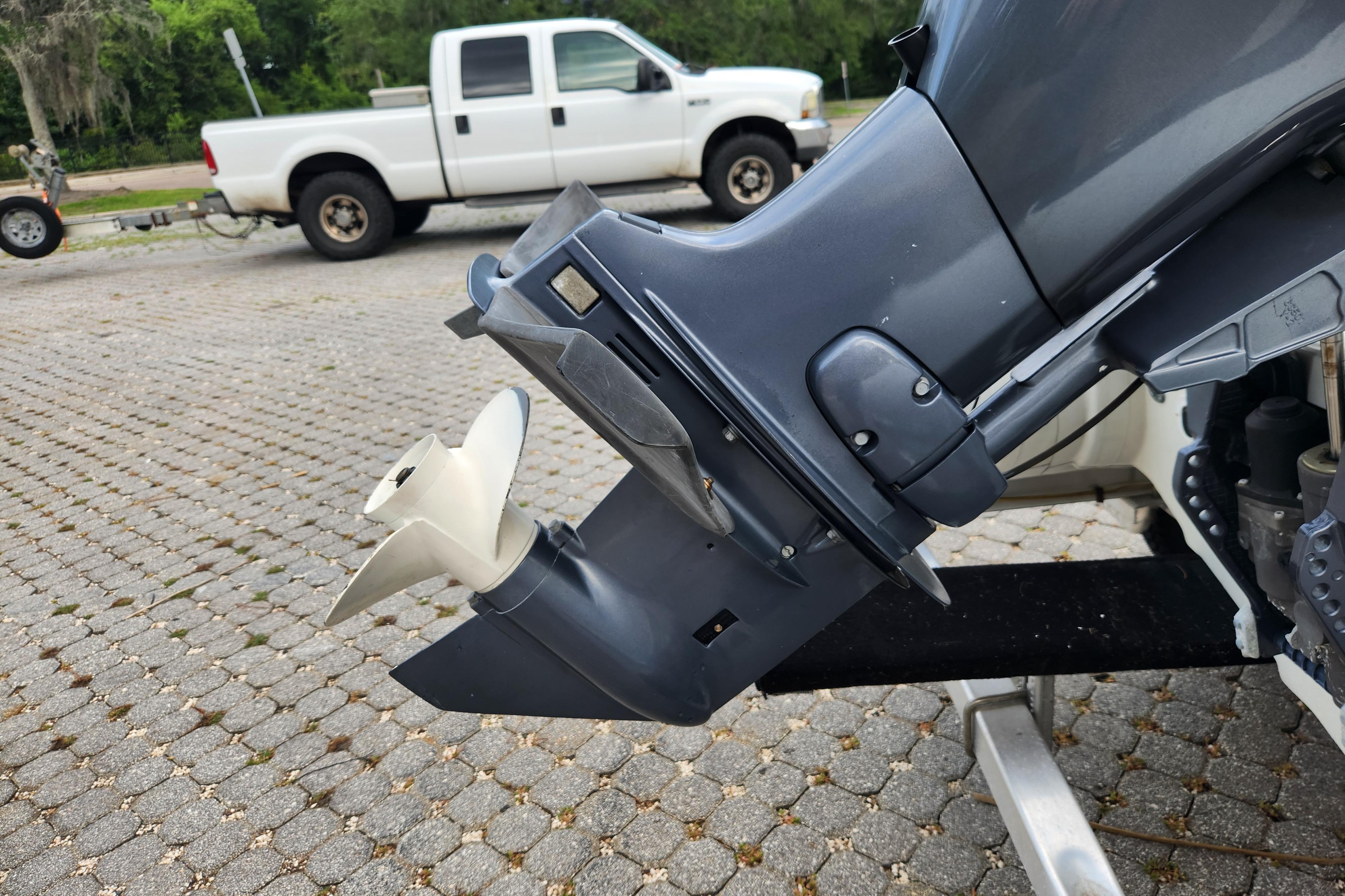 2019 Novurania DL 400 boat motor and propeller on a trailer.