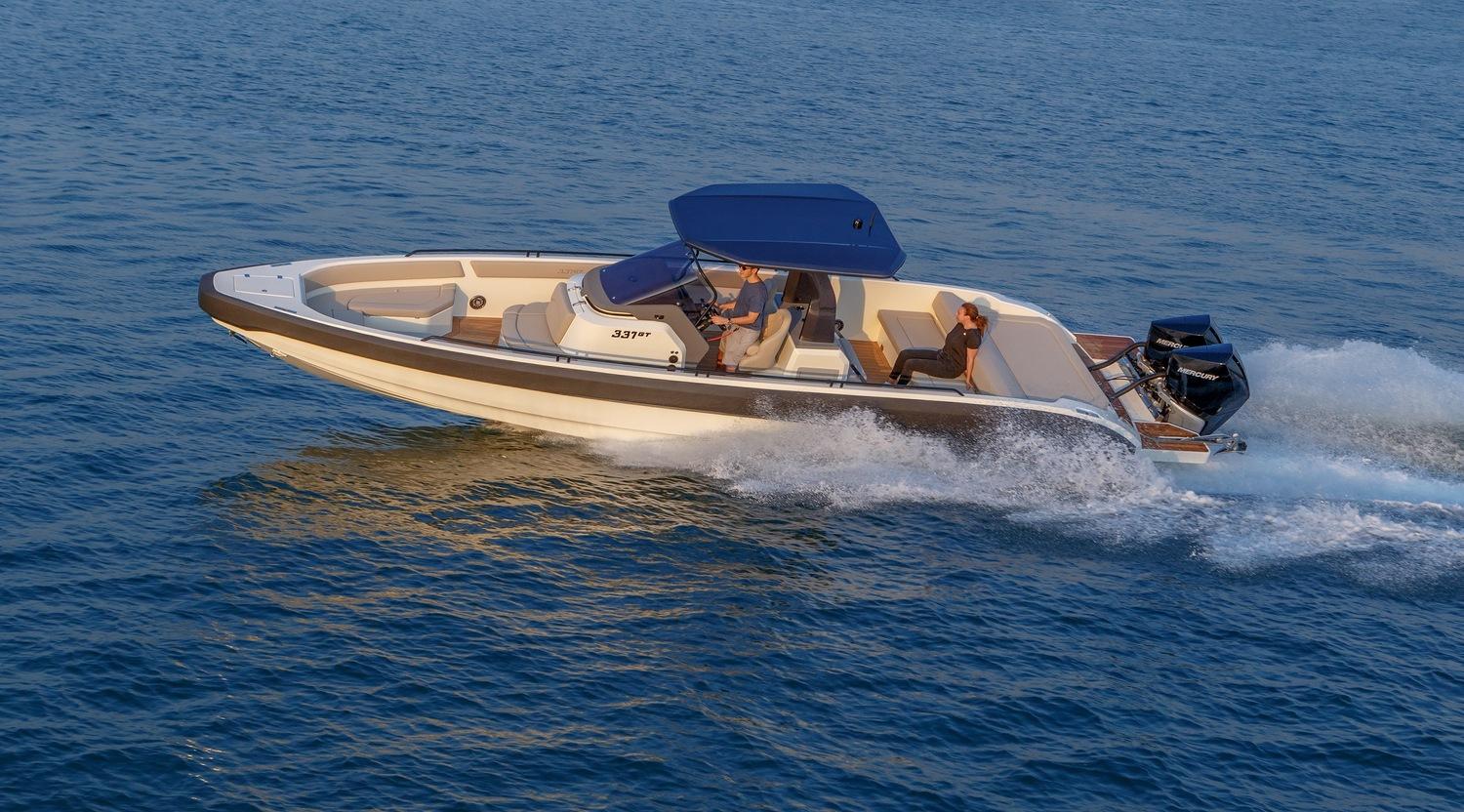 2021 Onda 371GT boat cruising on open water, featuring sleek design and powerful engine.