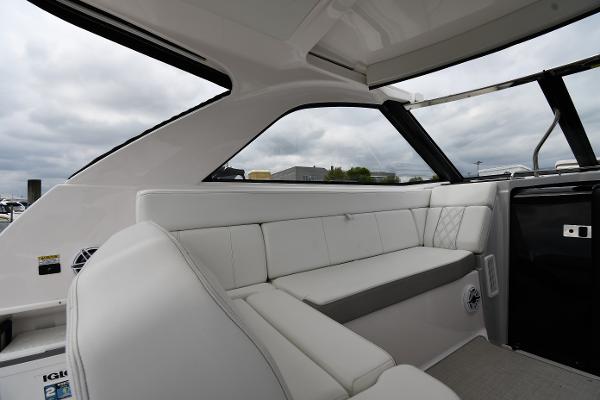 2021 Regal 35 Sport Coupe interior with white seating and sleek design.