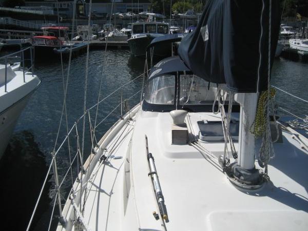 A sailboat docked in a marina, surrounded by other boats.