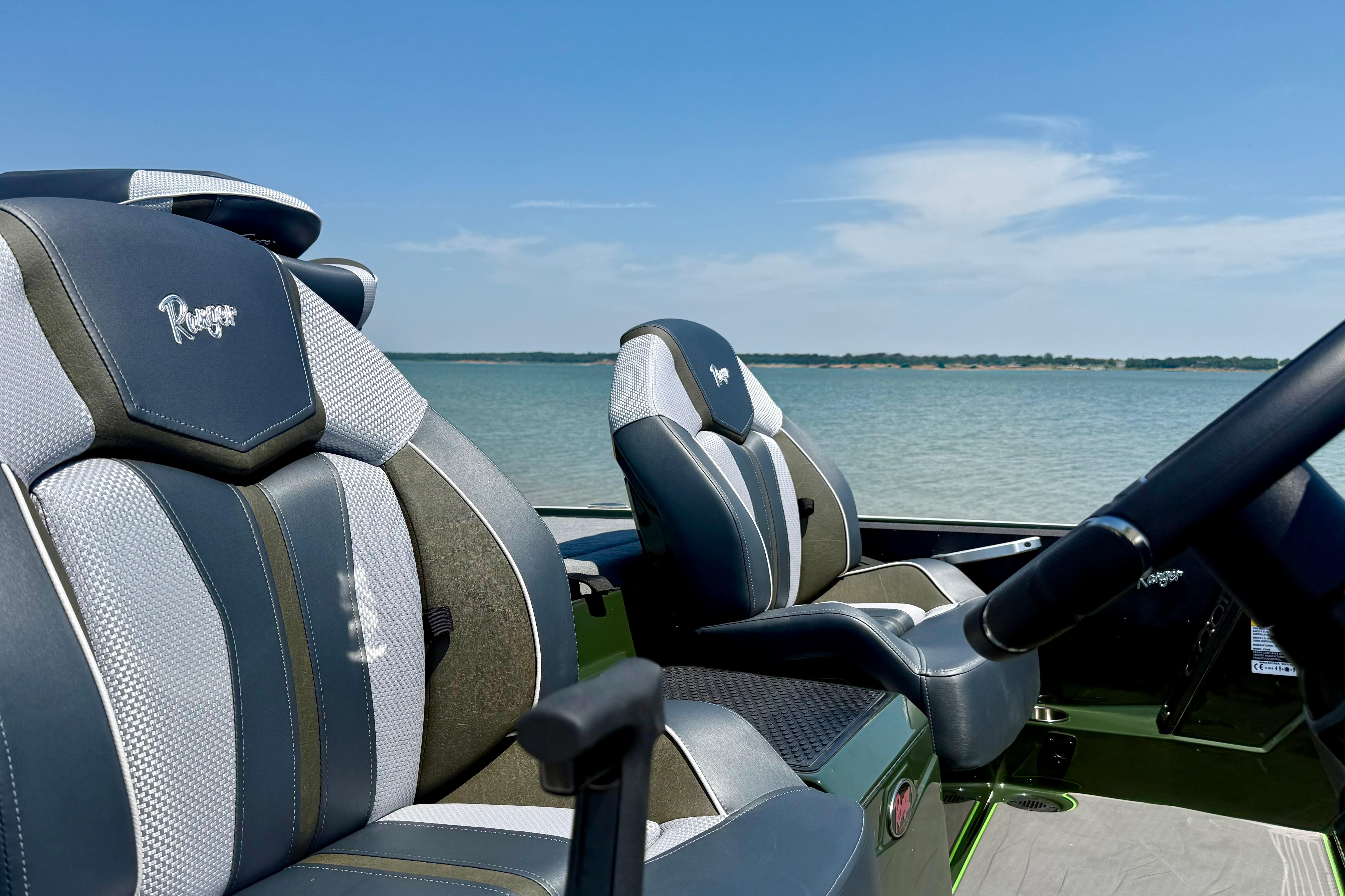 2026 Ranger Z519R boat seats with lake view, showcasing luxury and comfort.