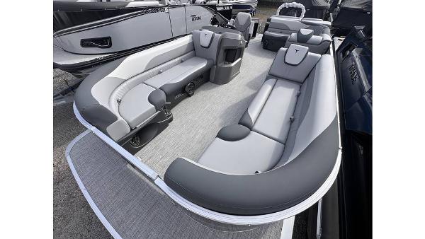 2025 Tahoe Pontoon LTZ Cruise interior with gray seating and spacious layout.