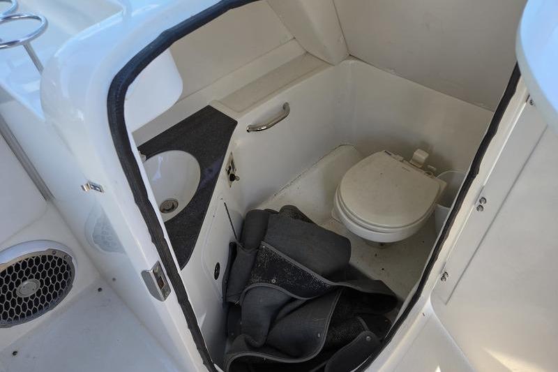 Interior view of a 2011 Sea Ray 300 Sundeck boat bathroom with toilet and sink.