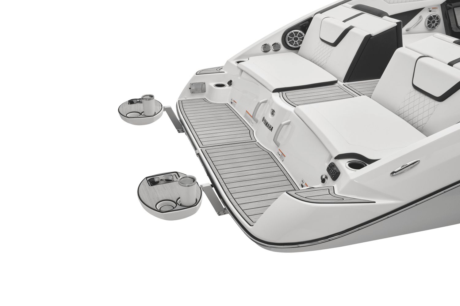 The image shows the stern of a Yamaha 222SD boat with sleek seating and cup holders.