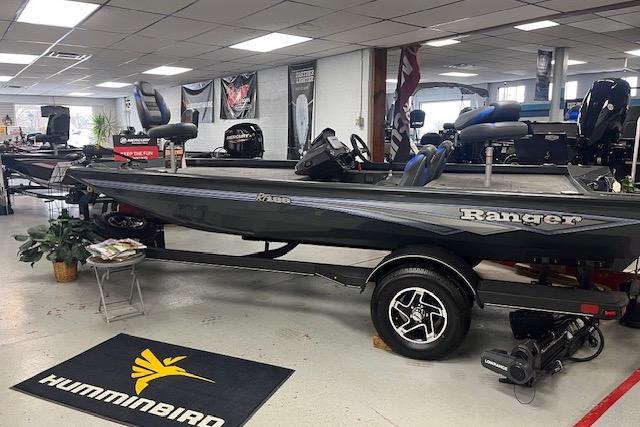 2026 Ranger RT188 boat displayed in showroom with Humminbird mat.