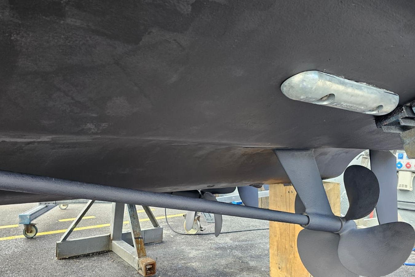 Underside view of 2001 Fairline Squadron 52 yacht with propeller and hull details.