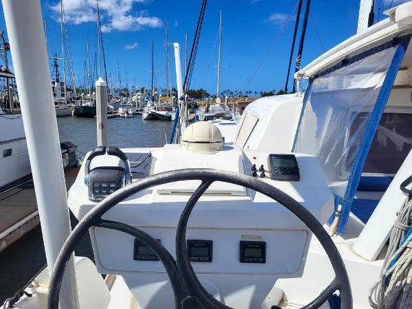 Cockpit view of 2009 Catana 65 yacht docked at marina.