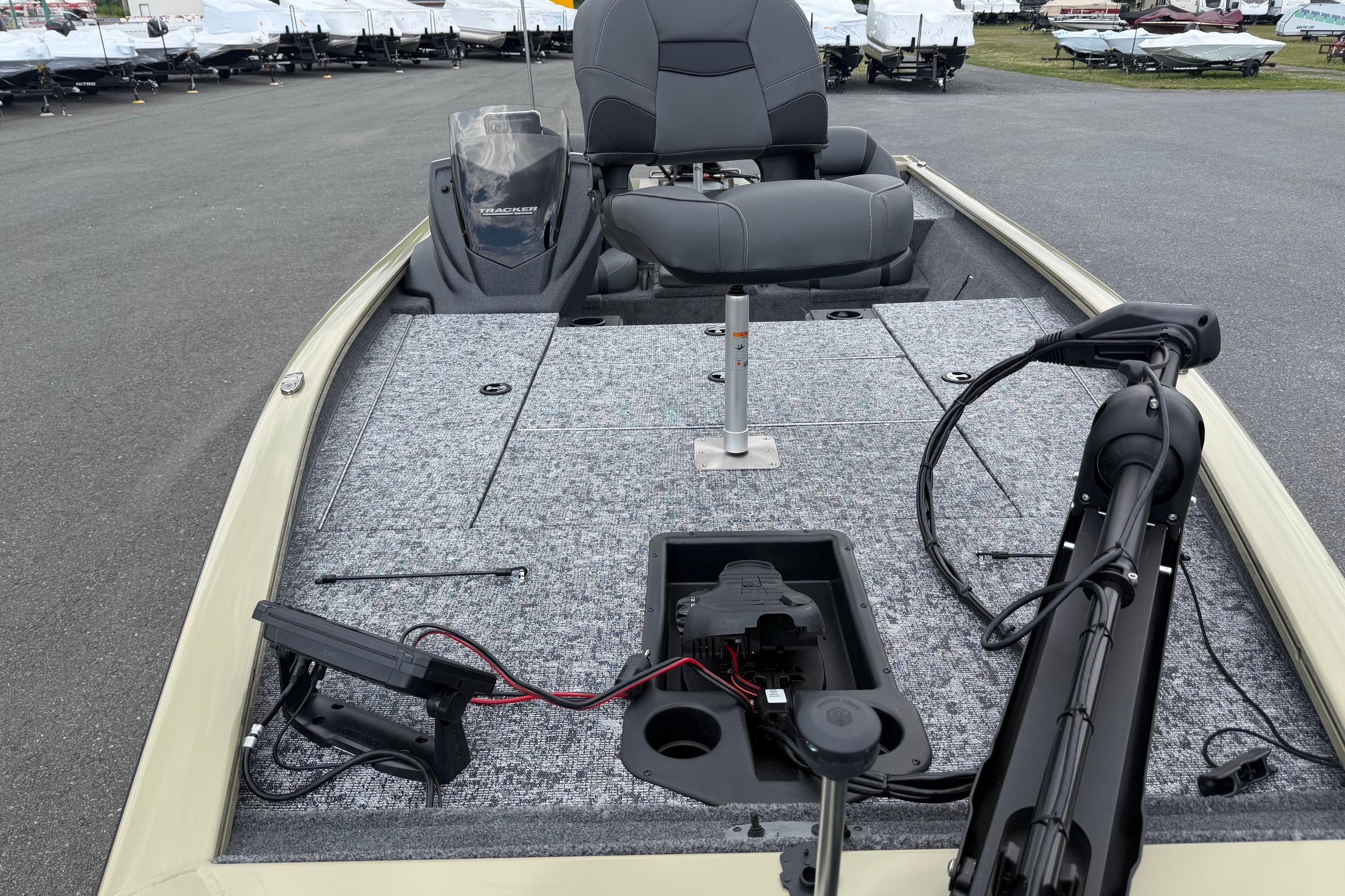 2026 Tracker Pro Team 195 fishing boat interior with seating and equipment.