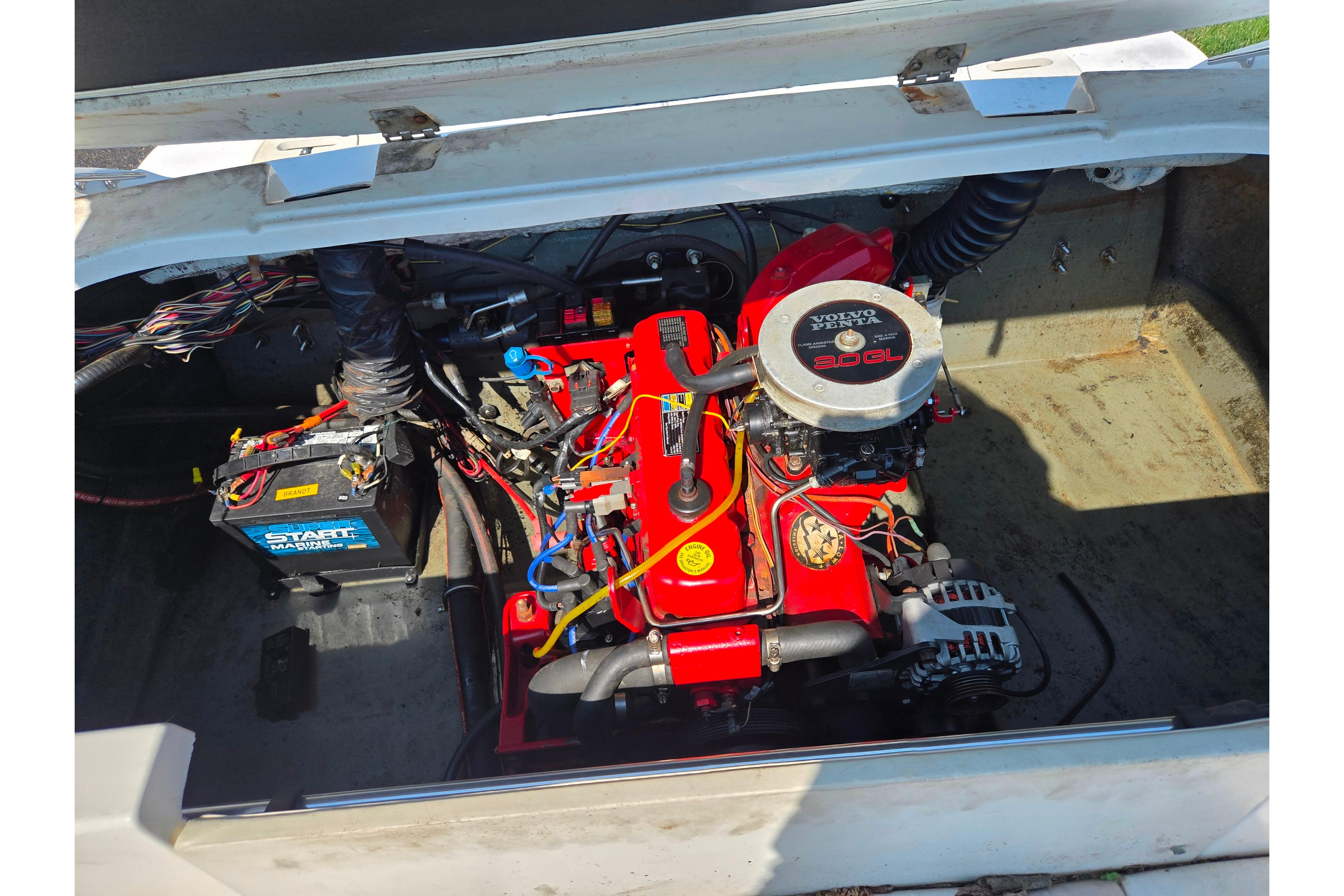 2007 Glastron GT 185 boat engine compartment with Volvo Penta 3.0 GL engine.