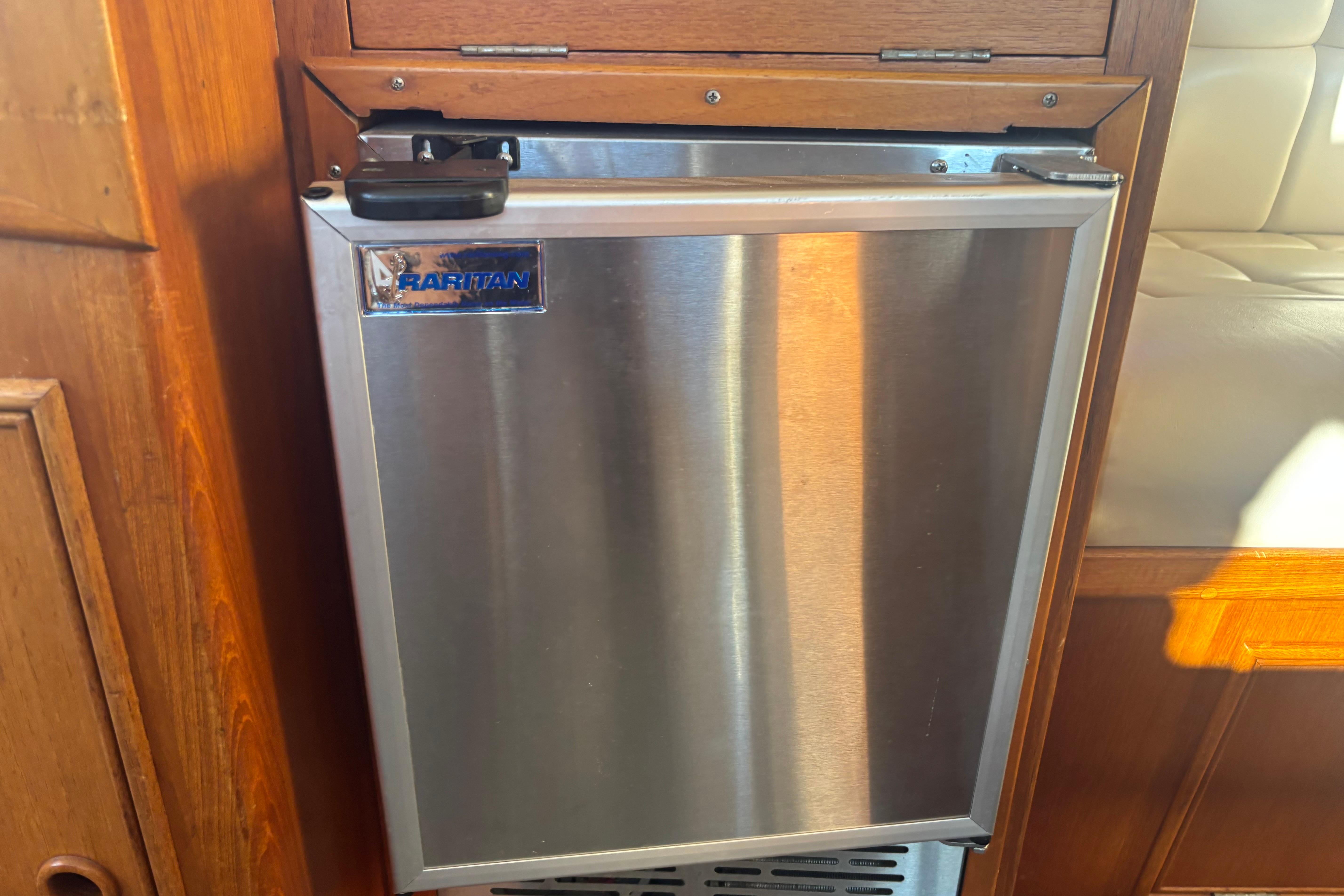 Stainless steel Raritan fridge on 1989 Grand Banks 46 Classic yacht.