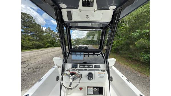 2025 Sea Fox 251 Bay Fox boat console with steering wheel and controls.