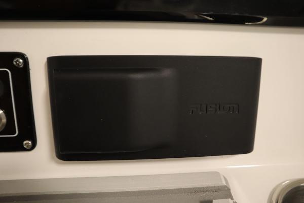 Close-up of Fusion audio system on 2025 Sea Fox 228 Commander boat.