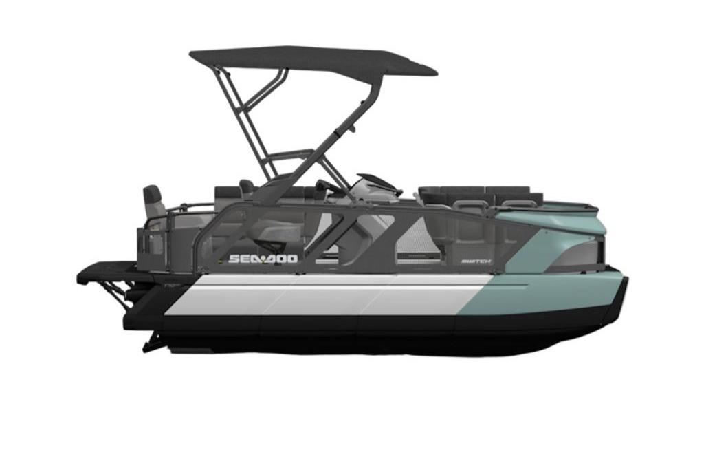 2026 Sea-Doo Switch Cruise 18 pontoon boat, side view.