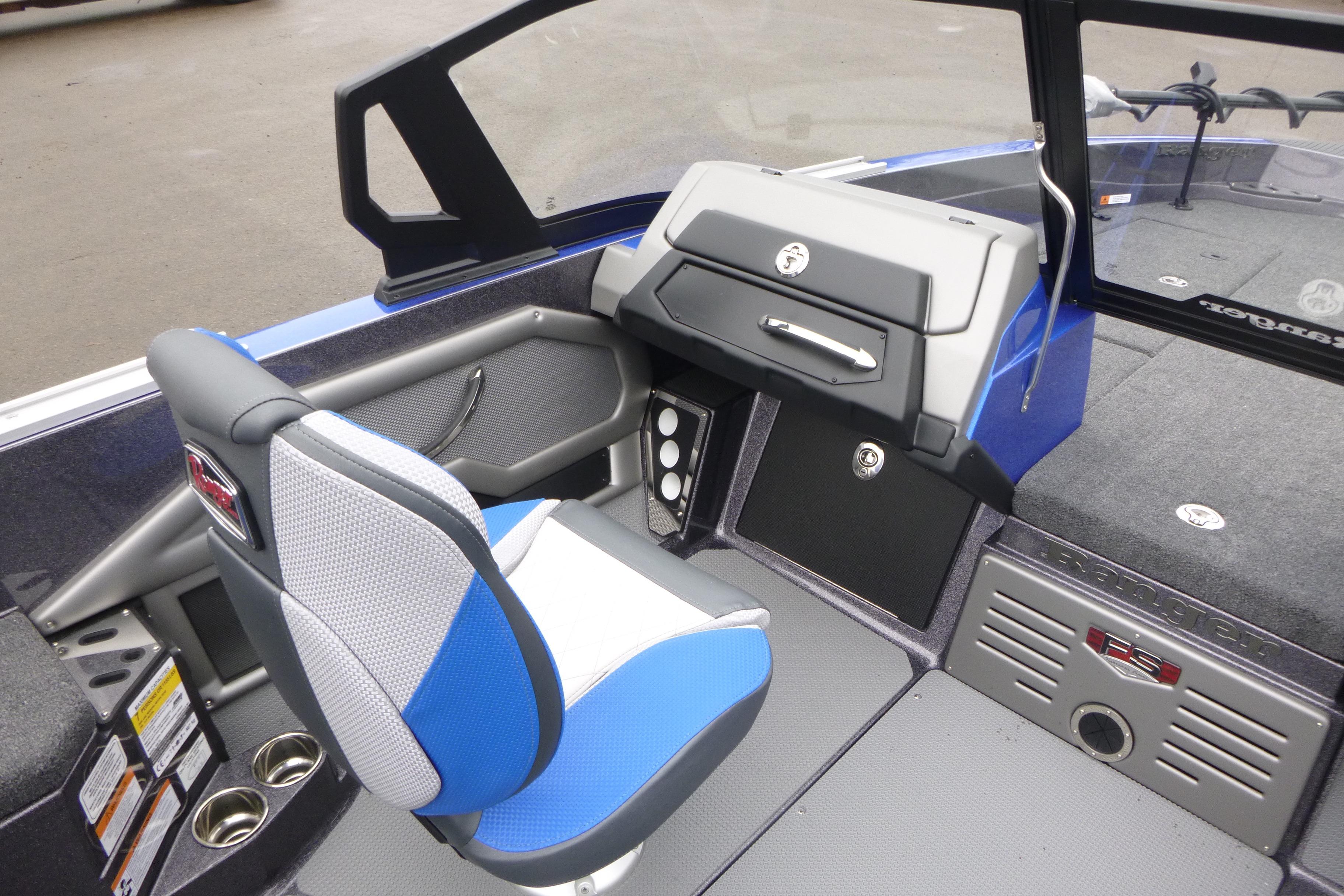 2026 Ranger 620FS Cup Equipped boat interior with blue and gray seating and dashboard.