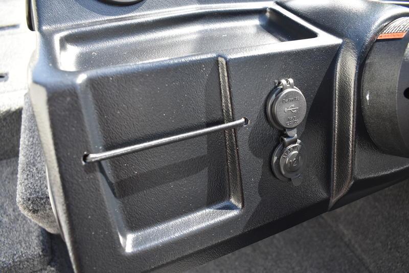 Dashboard of 2026 Lowe Skorpion 17 boat with USB and 12V ports.