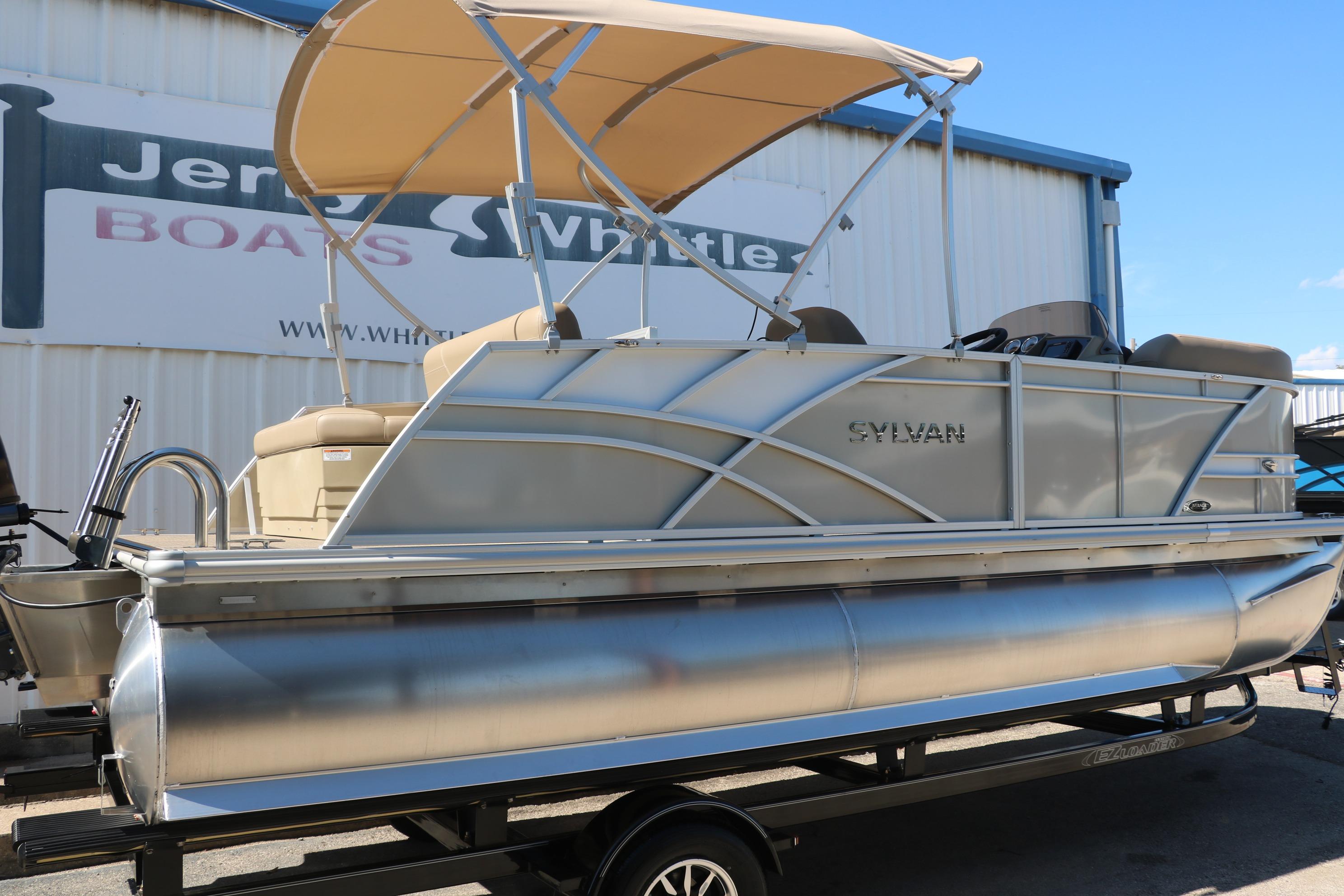 2025 Sylvan Mirage 820 CLZ DH pontoon boat with canopy, displayed at dealership.