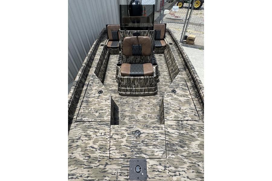 2027 Excel 230 Bay Pro Elite boat with camouflage design and brown seating.