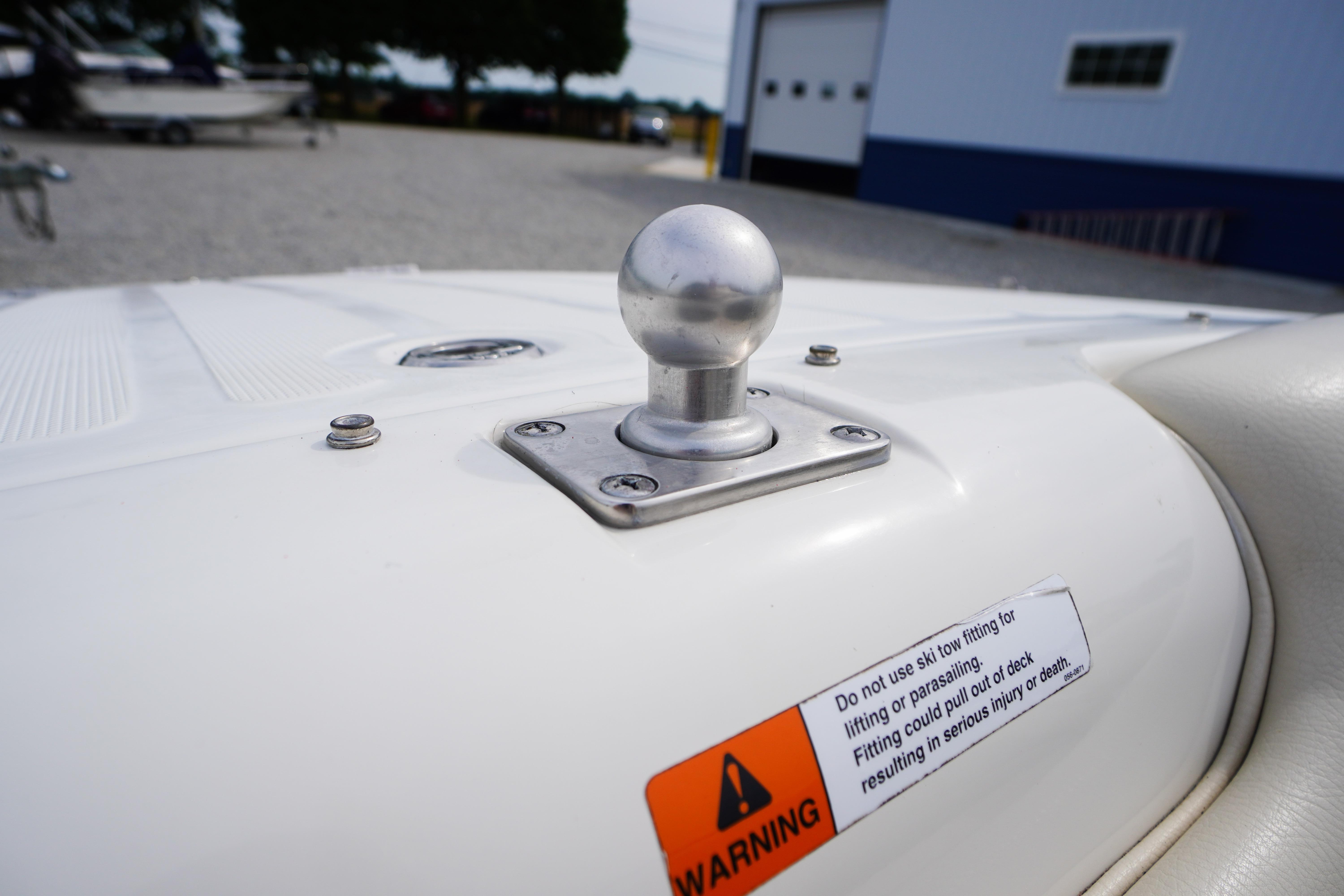 2005 Chris Craft Speedster Heritage ski tow fitting with warning label.