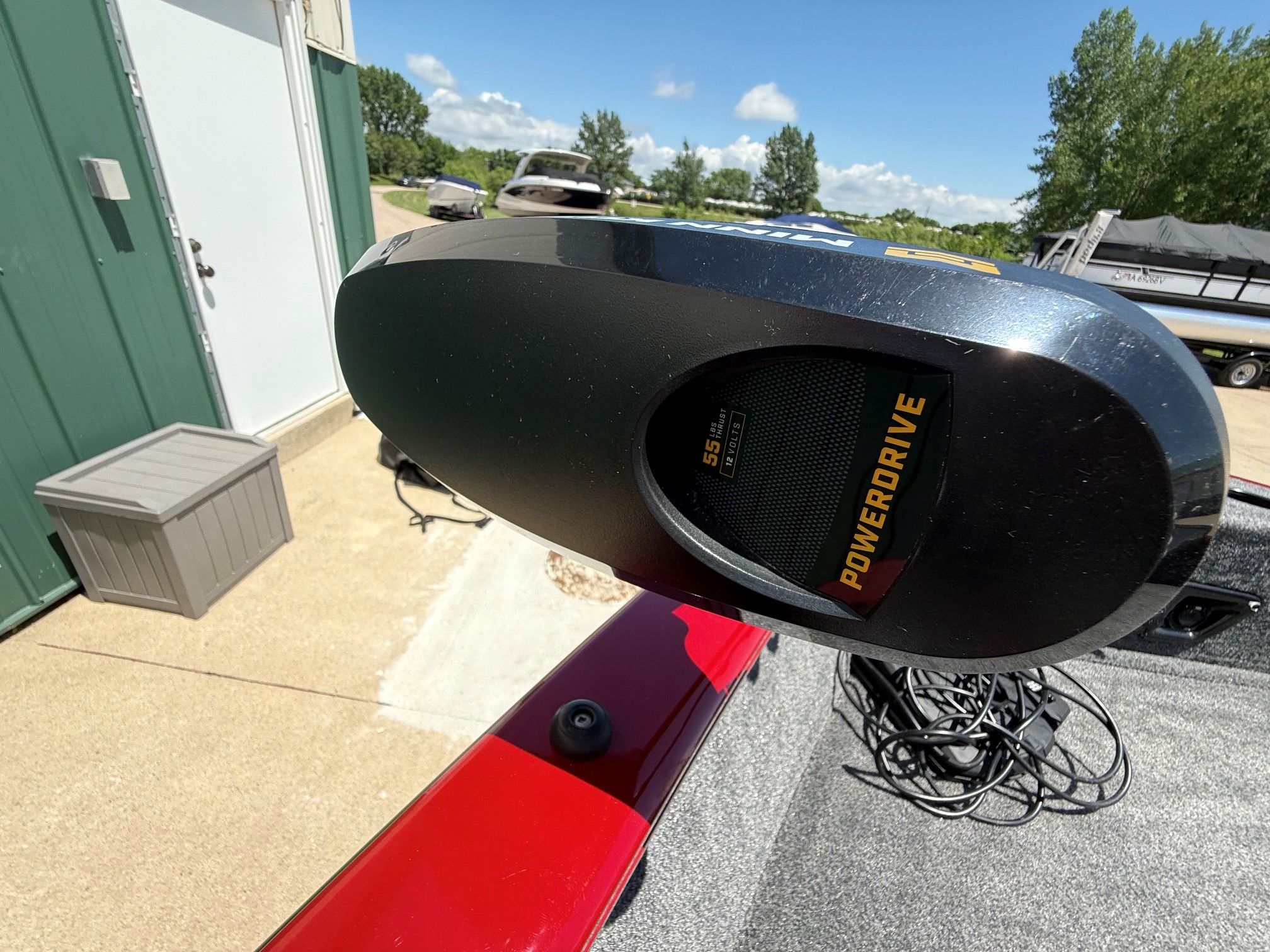 Close-up of PowerDrive motor on a Tracker Pro Guide V175 boat.
