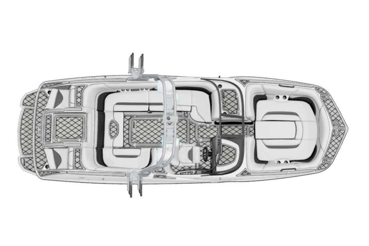 Top view of 2027 MB B52 25 Alpha boat interior layout.