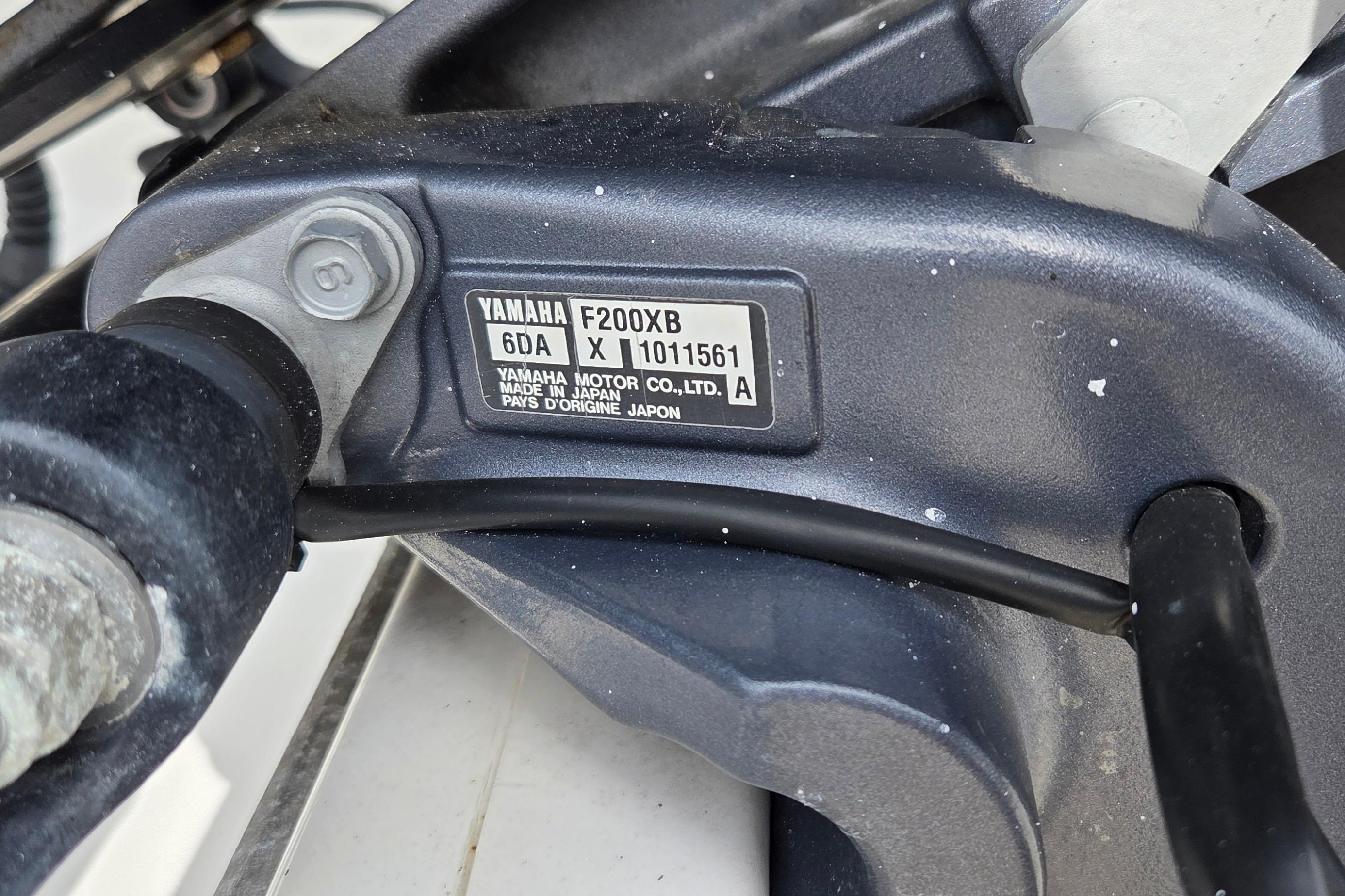 Close-up of Yamaha F200X8 engine label on 2015 Tidewater 220 LXF boat.