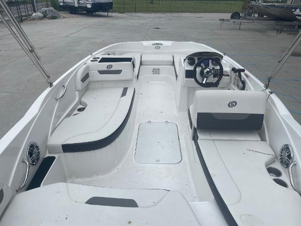 2022 Hurricane SS185 OB boat interior with seating and steering console.