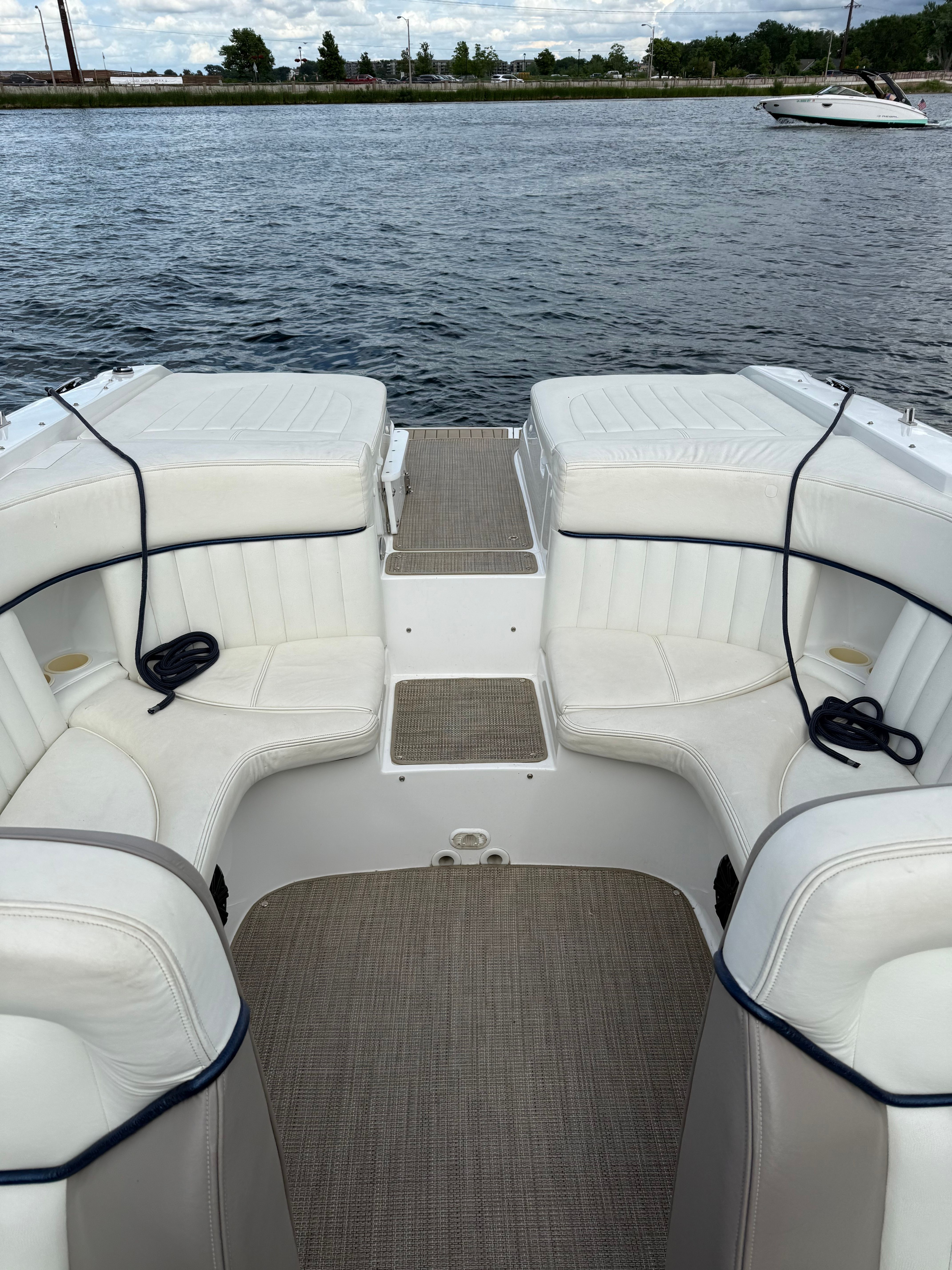 Interior of a 2003 Cobalt 262 boat on the water.