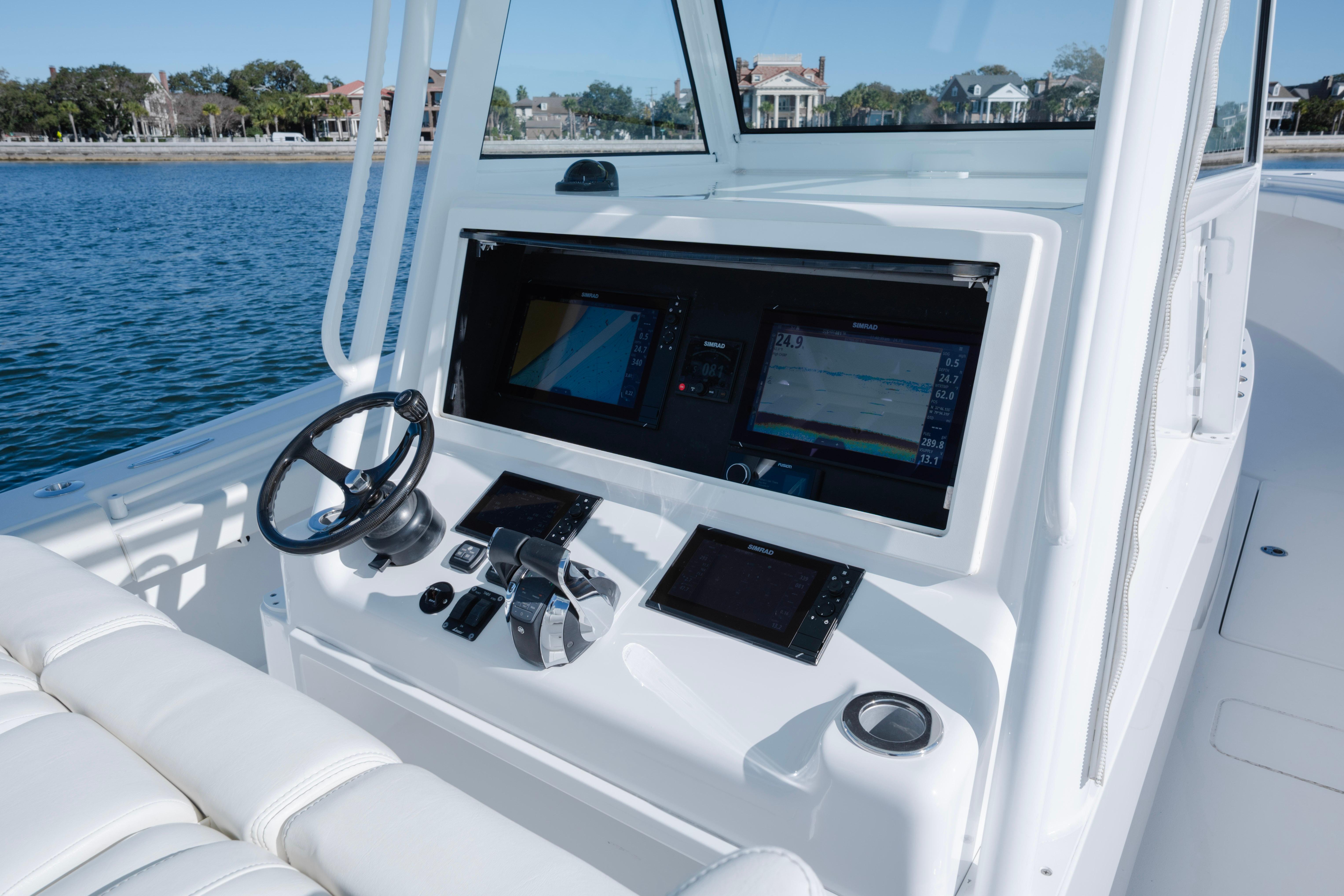 2021 Onslow Bay 41 Tournament Edition boat cockpit with advanced navigation systems.
