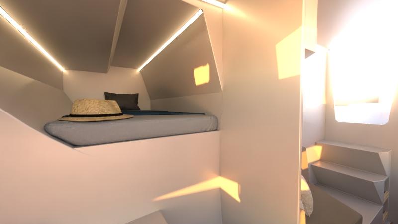 Modern interior cabin of 2025 Catamaran Dual Flyer 400 with cozy bed and natural lighting.