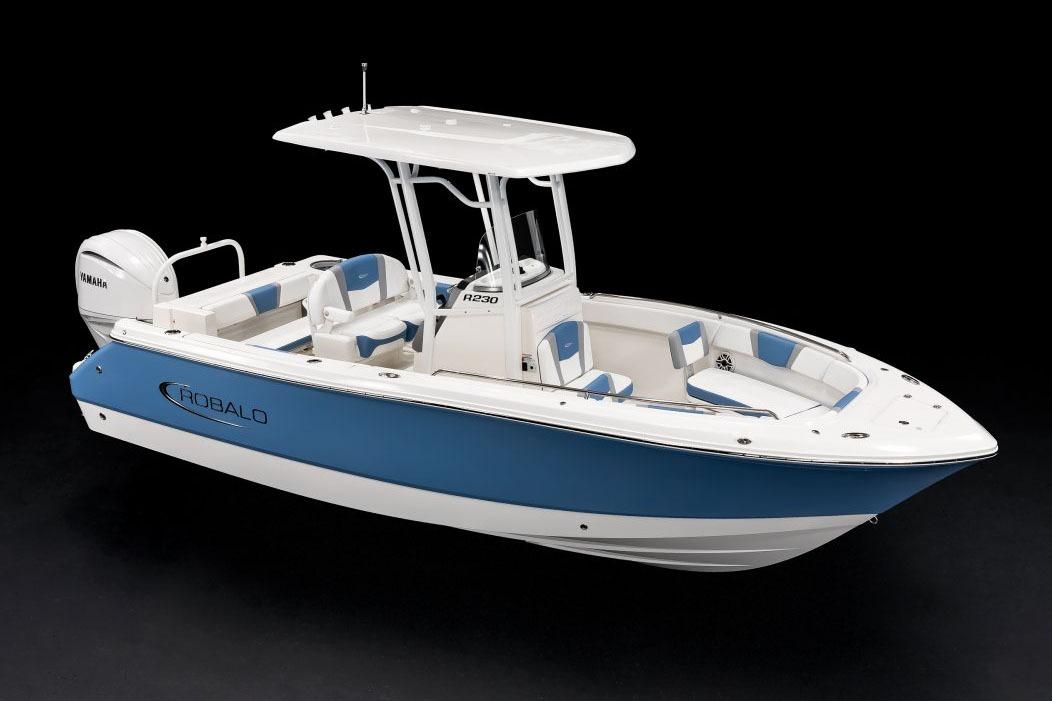 Manufacturer Provided Image: 2026 Robalo R230 Center Console boat with blue and white design, featuring Yamaha engine.