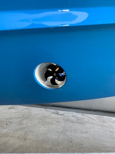 2022 Yellowfin 39 Offshore boat with a blue hull and visible thruster.