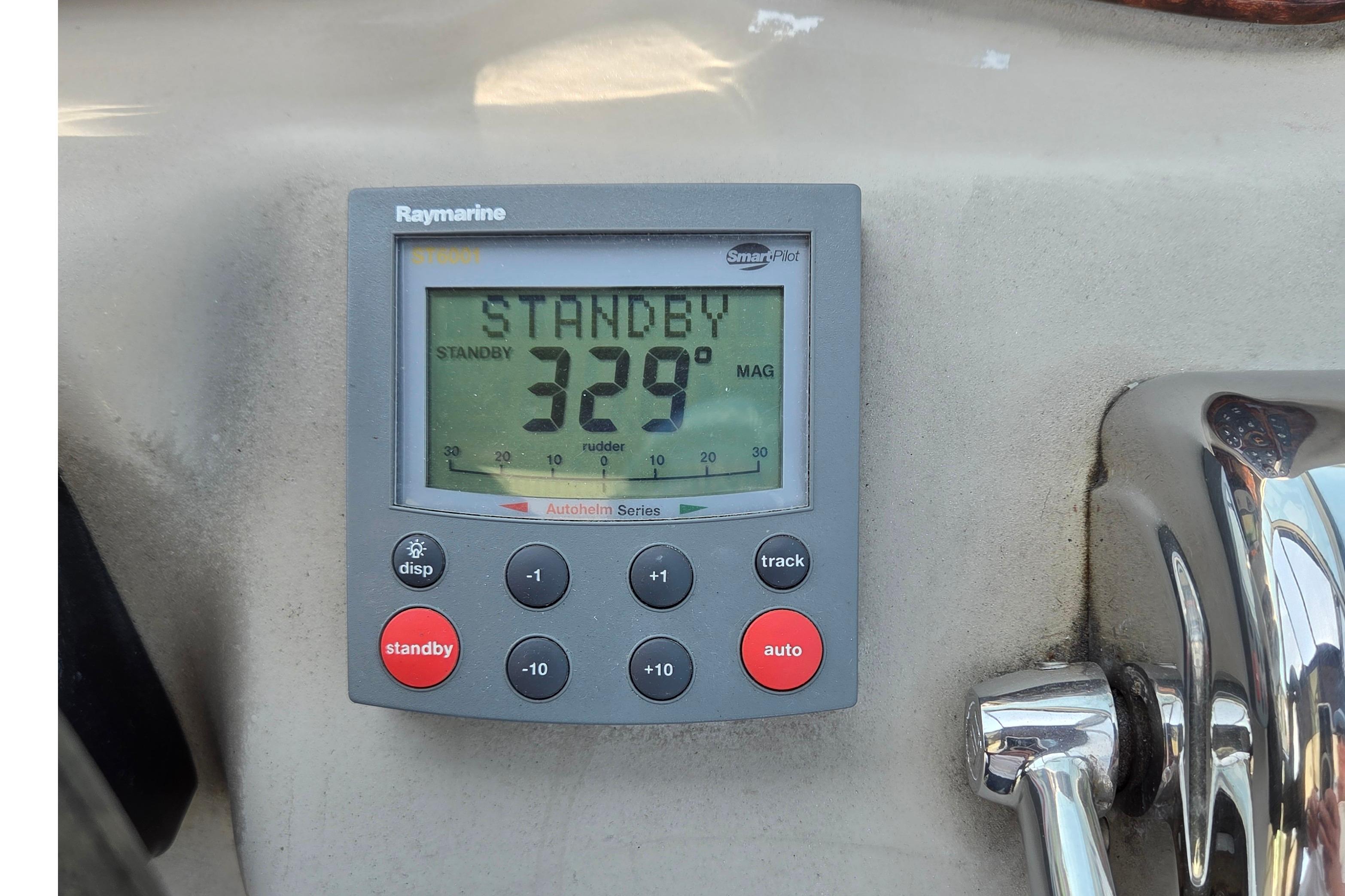 Raymarine autopilot display on 2006 Sea Ray Sundancer 320, showing standby mode.