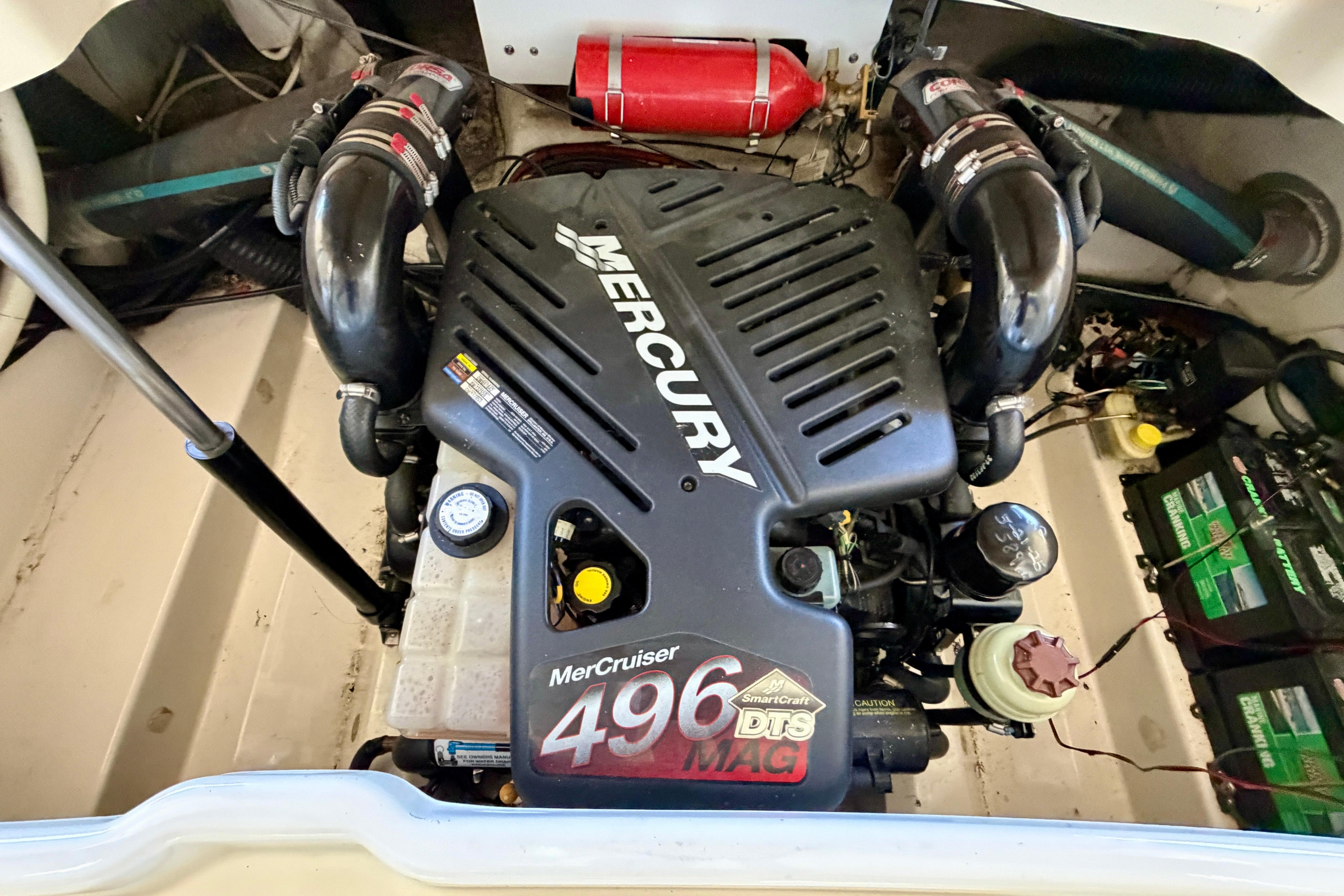 Engine compartment of a 2007 Sea Ray 270 SLX with MerCruiser 496 MAG engine.