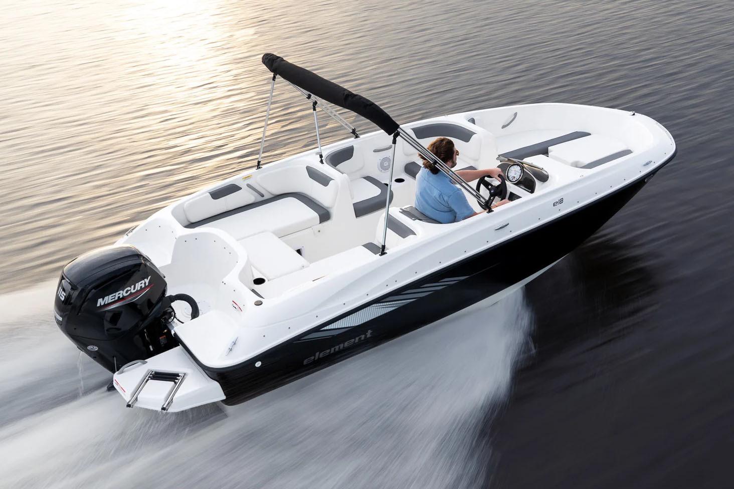 Manufacturer Provided Image: 2025 Bayliner Element E18 boat cruising on water, featuring sleek design and Mercury engine.