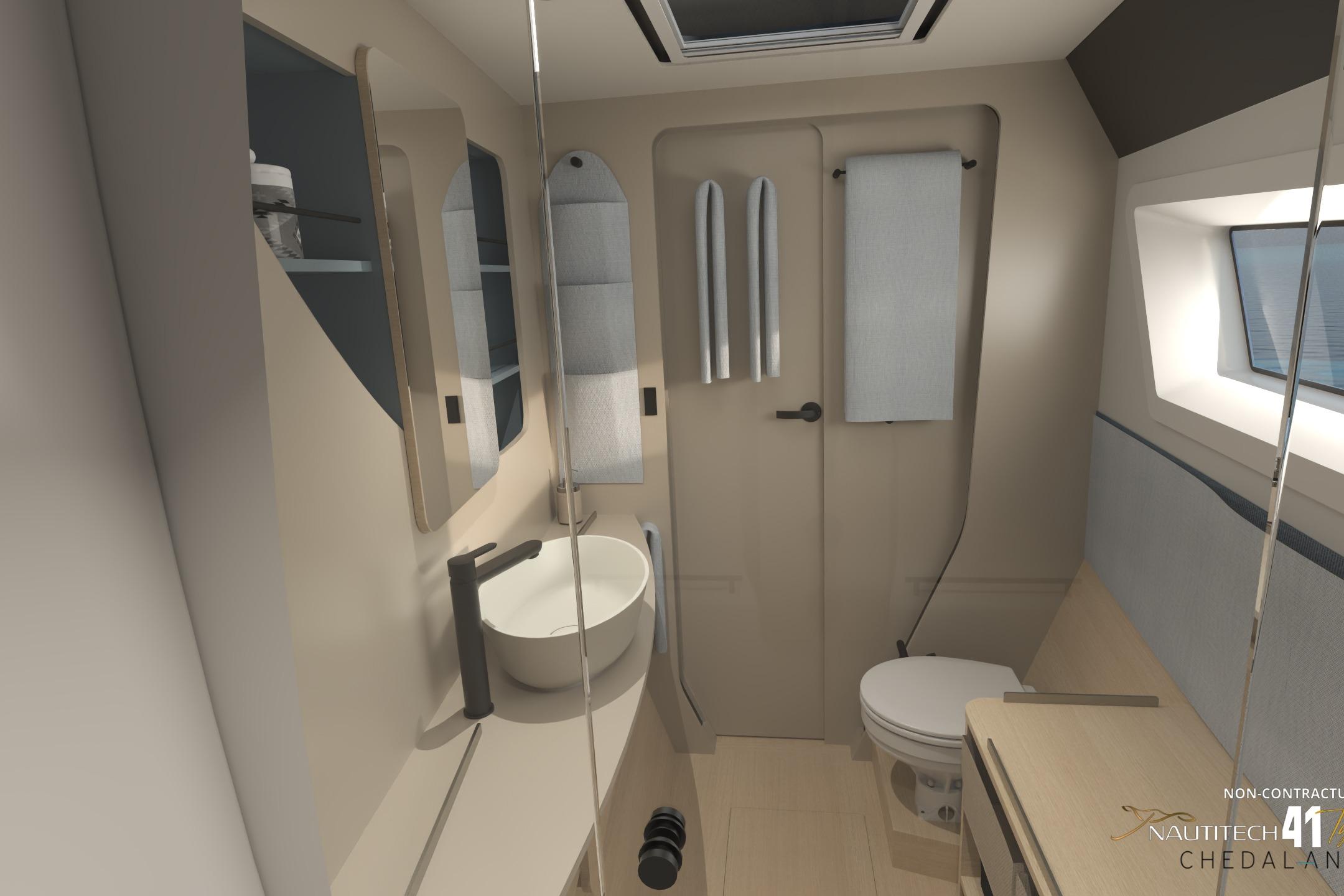 Modern bathroom in Nautitech 41 Type S catamaran, year 2026.