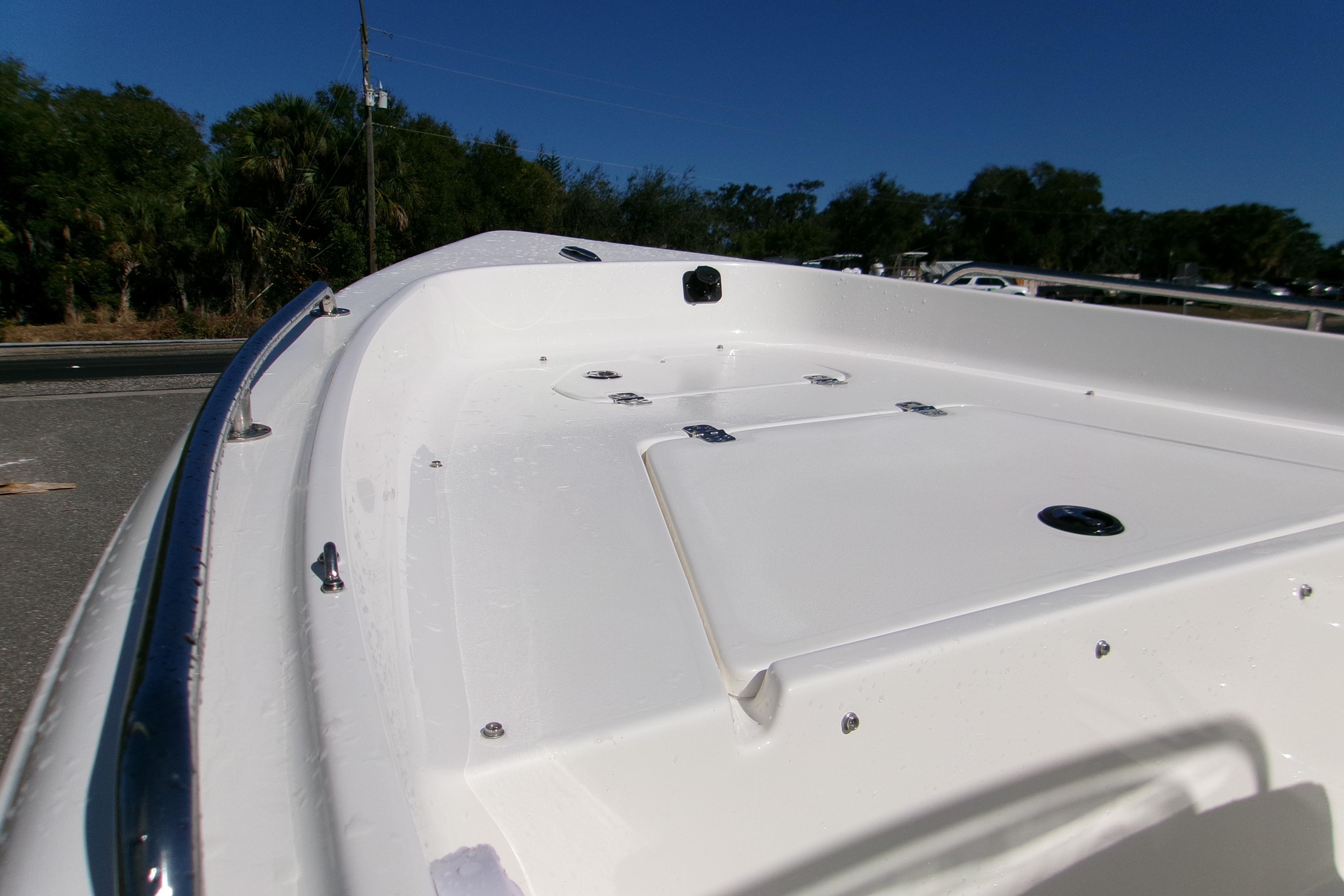 2026 Key West 1720 Center Console boat deck with stainless steel railings.