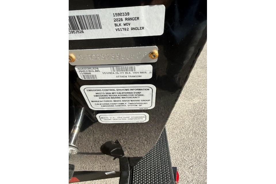 2026 Ranger VS1782SC Angler boat identification and emissions information labels.