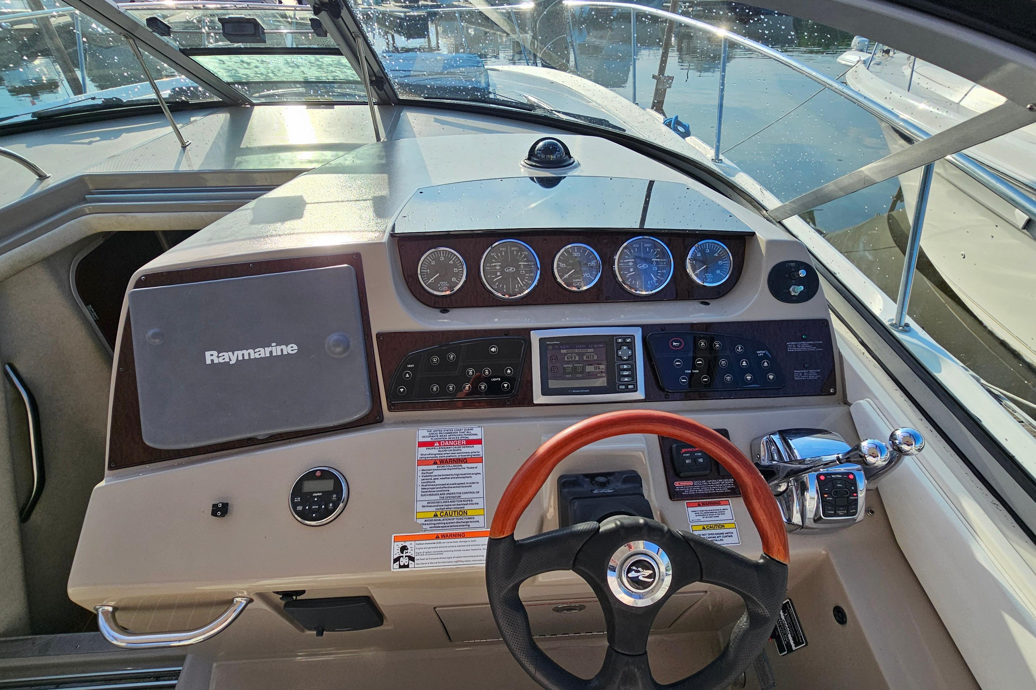 Cockpit view of 2008 Sea Ray Sundancer 350 with Raymarine navigation system.