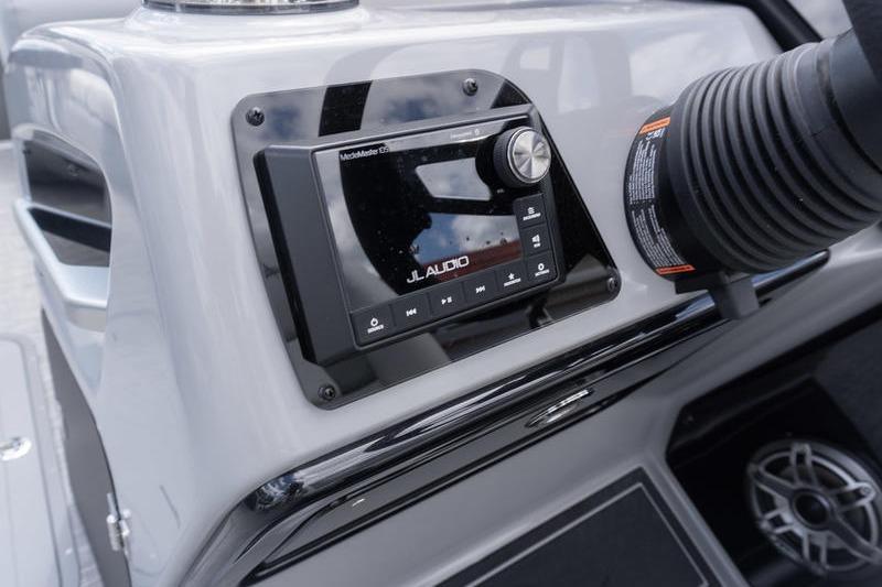 JL Audio system on 2026 SunCatcher Elite 326 SL boat dashboard.