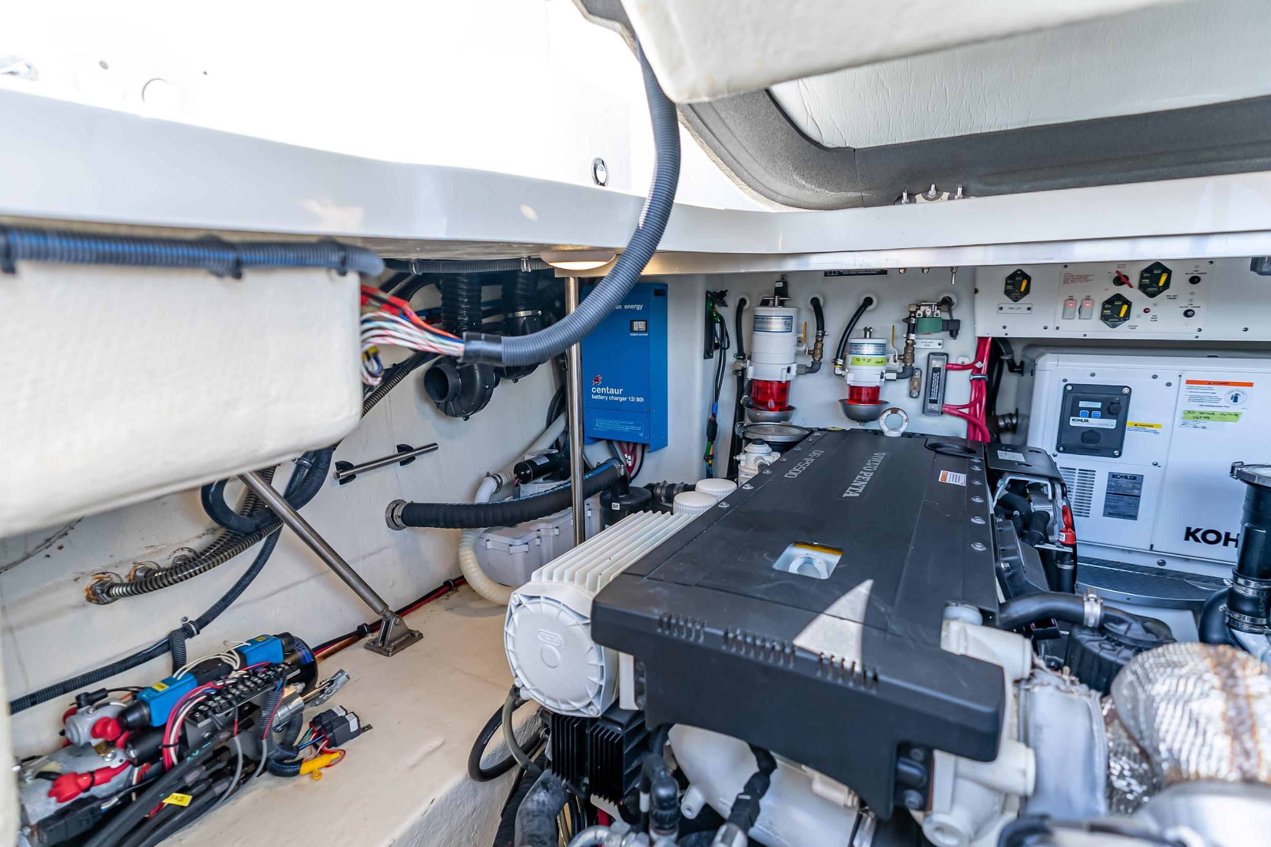 Engine compartment of 2022 Formula 40 Performance Cruiser, showcasing advanced marine equipment.