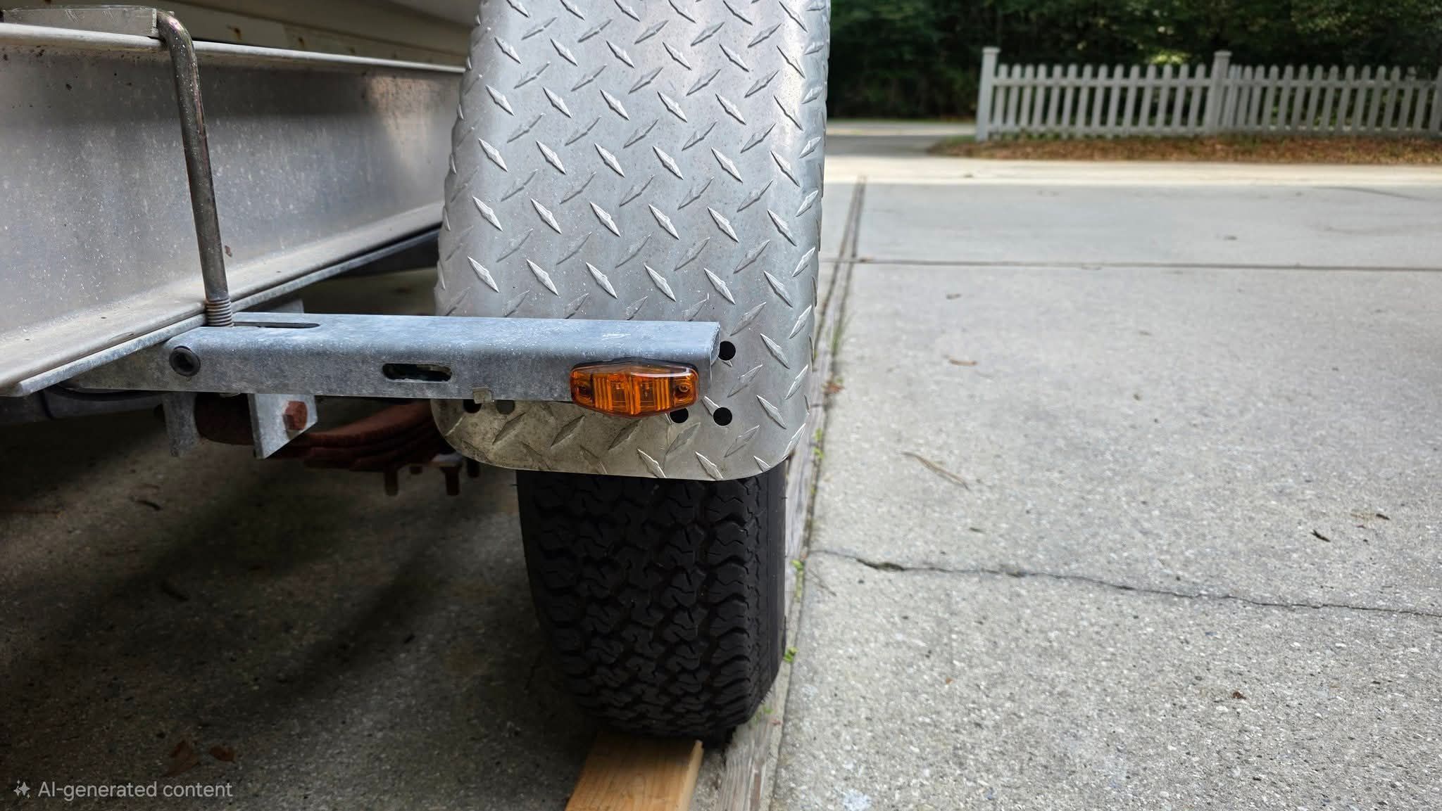 Close-up of a boat trailer with a tire and metal fender.