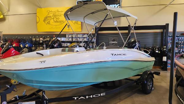 2025 Tahoe T16 boat displayed indoors on a trailer.