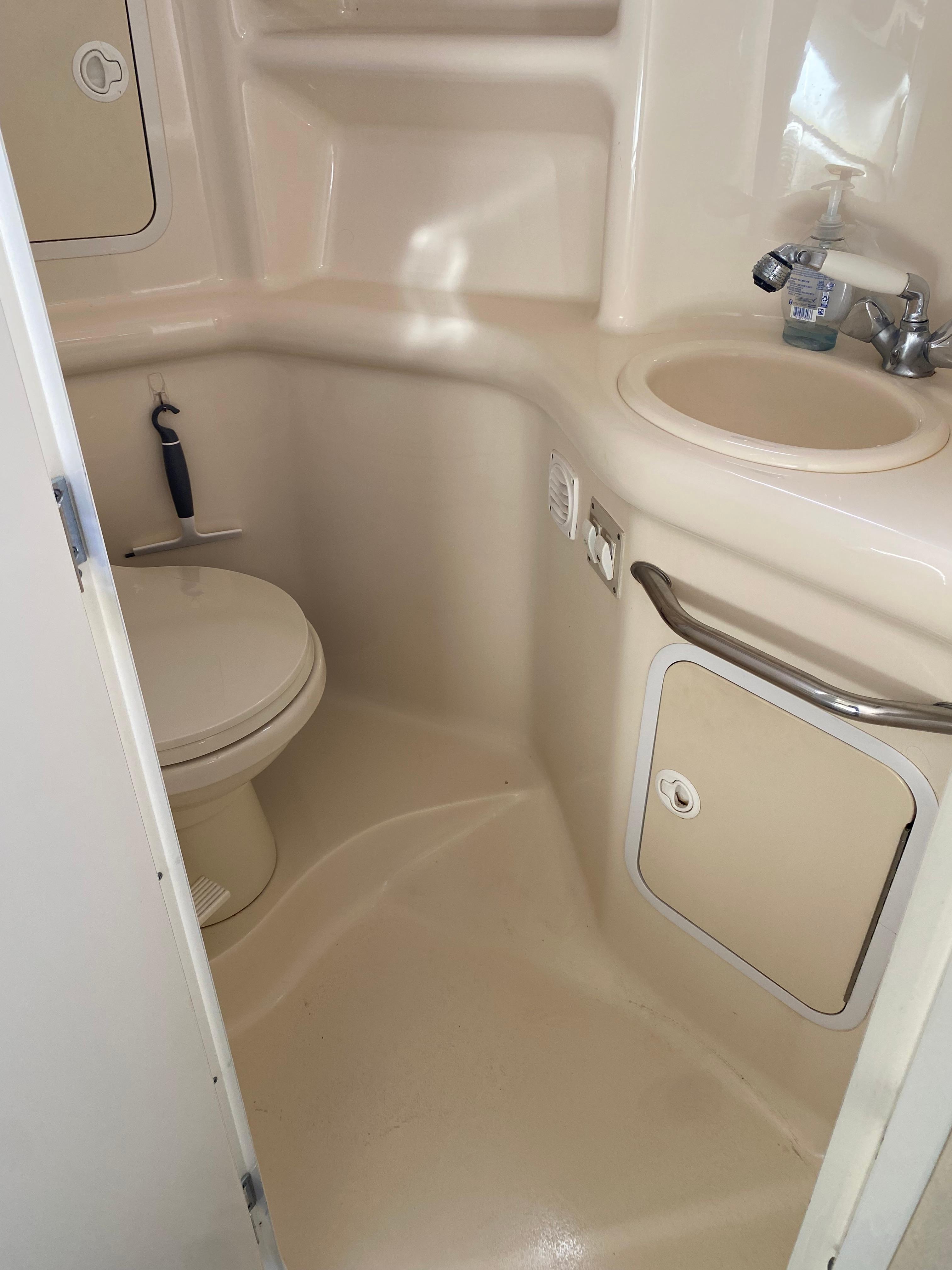 2001 Sea Ray 310 Sundancer bathroom with sink and toilet.