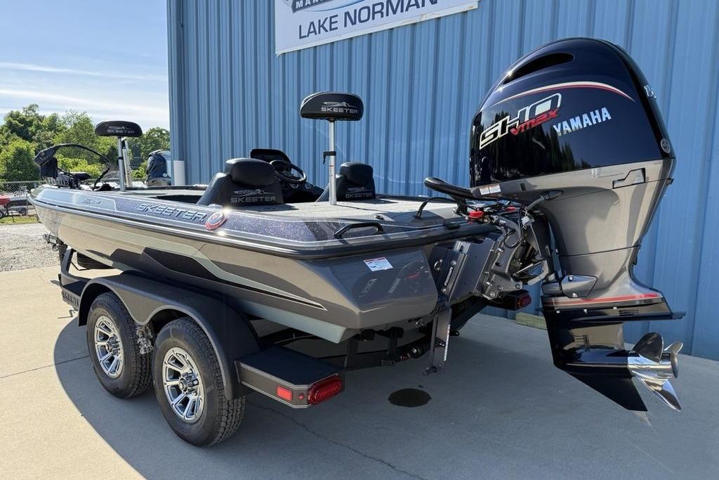 2026 Skeeter ZX150 boat with Yamaha engine, parked at Lake Norman dealership.
